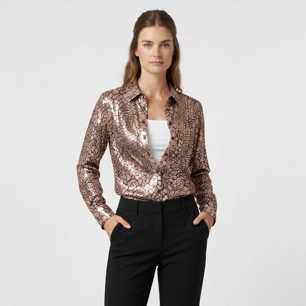 Blouse Satin Imprimé Serpent Col Classique pour Femme