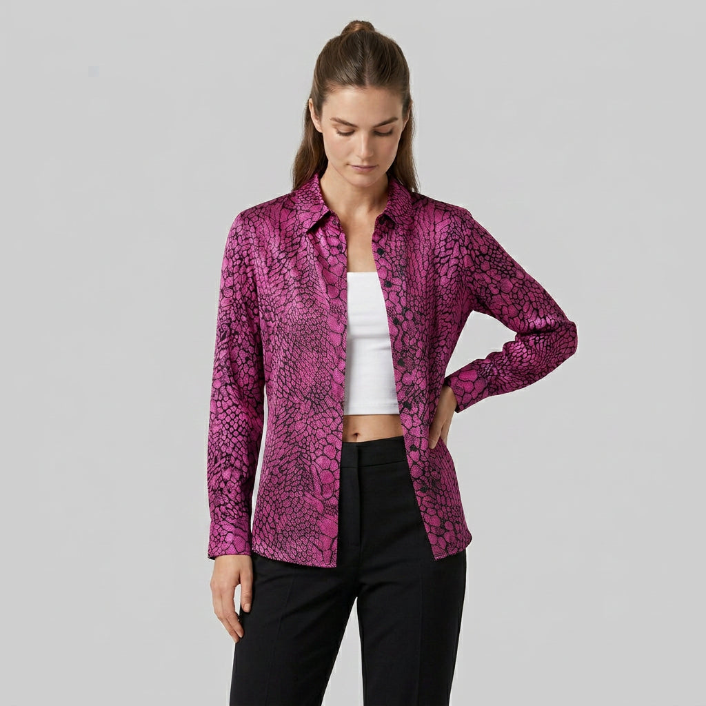 Blouse Satin Imprimé Serpent Col Classique pour Femme