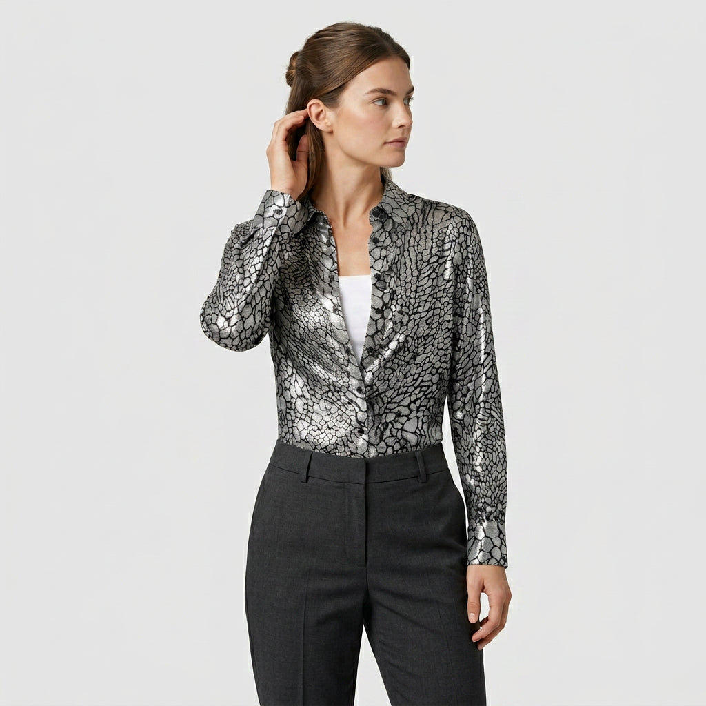 Blouse Satin Imprimé Serpent Col Classique pour Femme