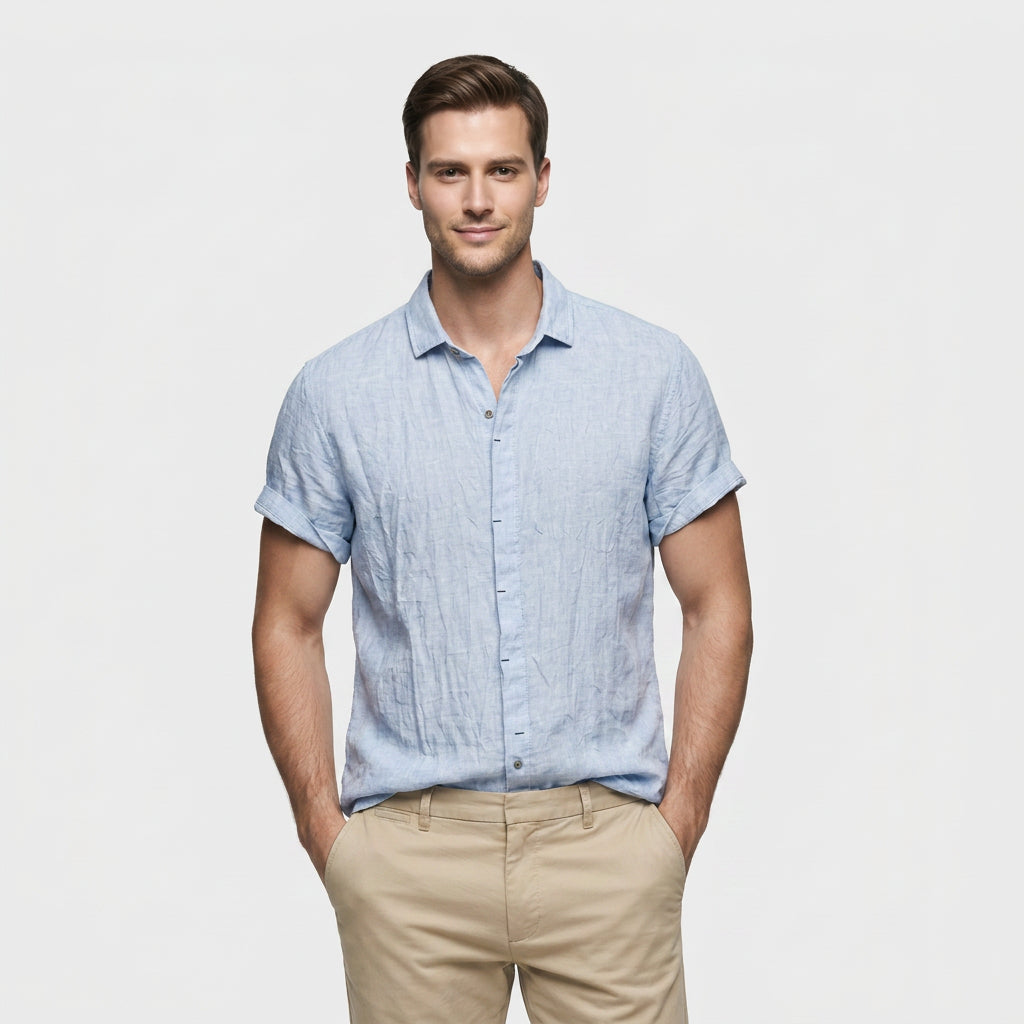 Chemise Lin Manches Courtes Col Décontracté pour Homme