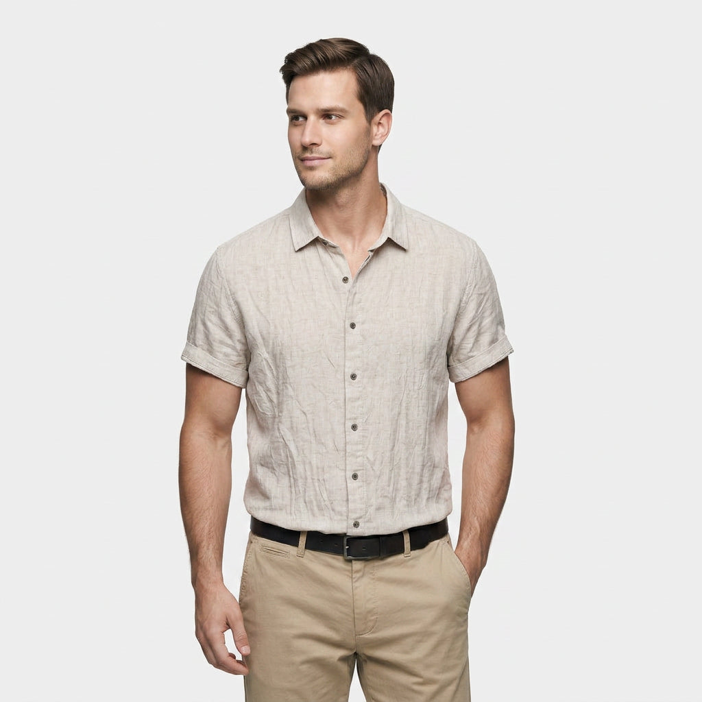 Chemise Lin Manches Courtes Col Décontracté pour Homme