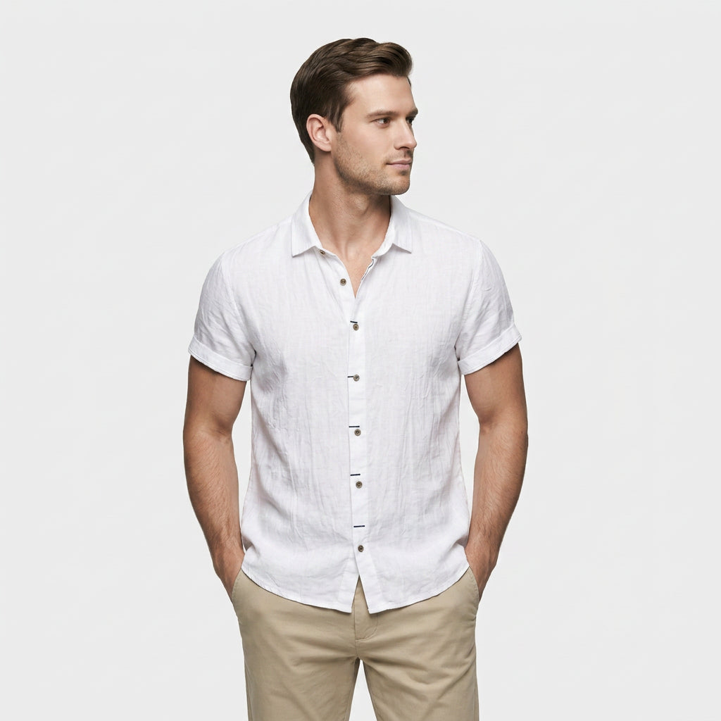 Chemise Lin Manches Courtes Col Décontracté pour Homme