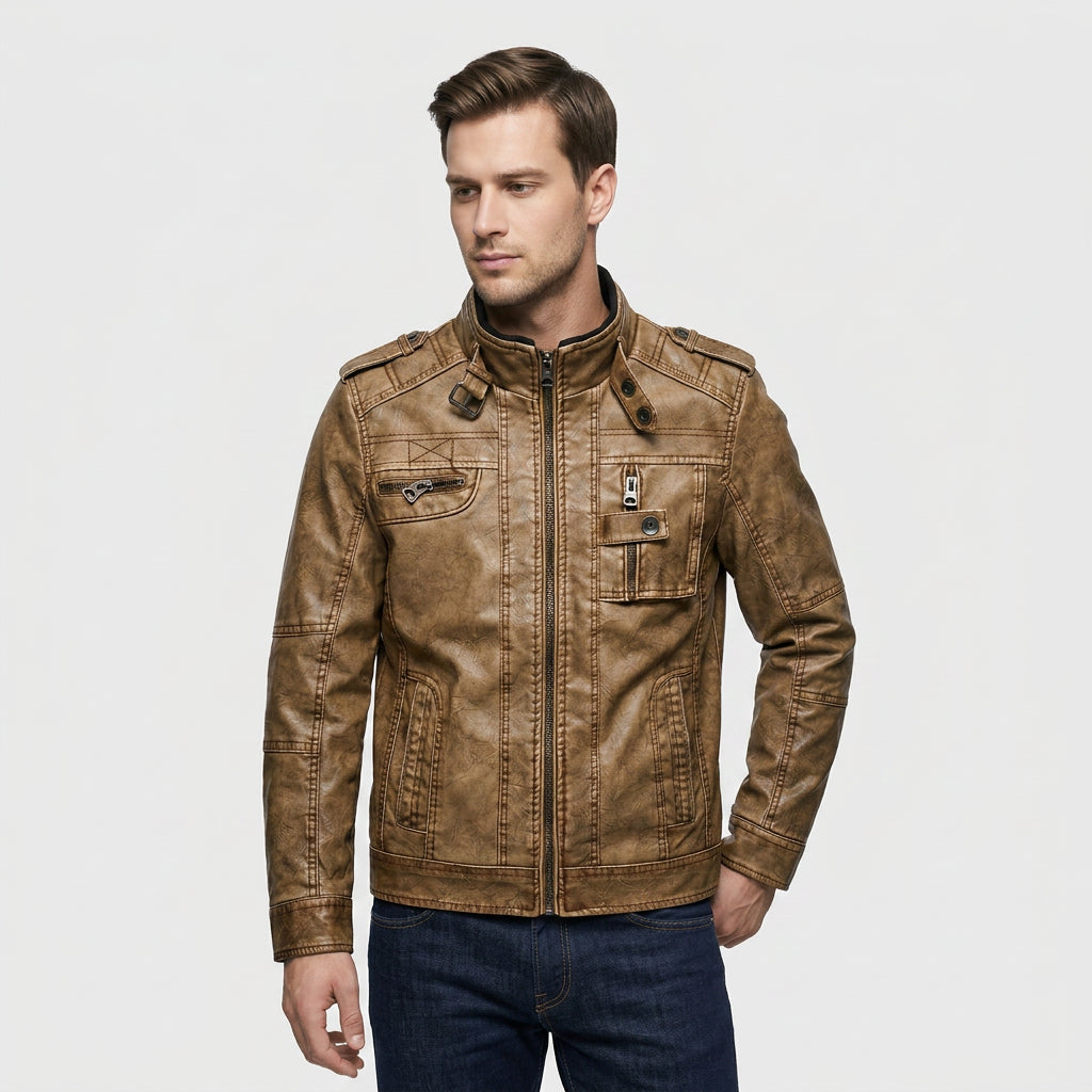 Veste Cuir Col Montant Poche Zippée pour Homme