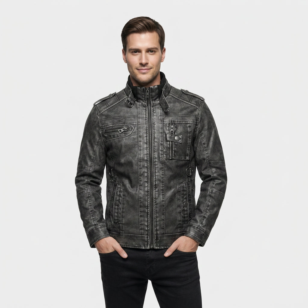 Veste Cuir Col Montant Poche Zippée pour Homme