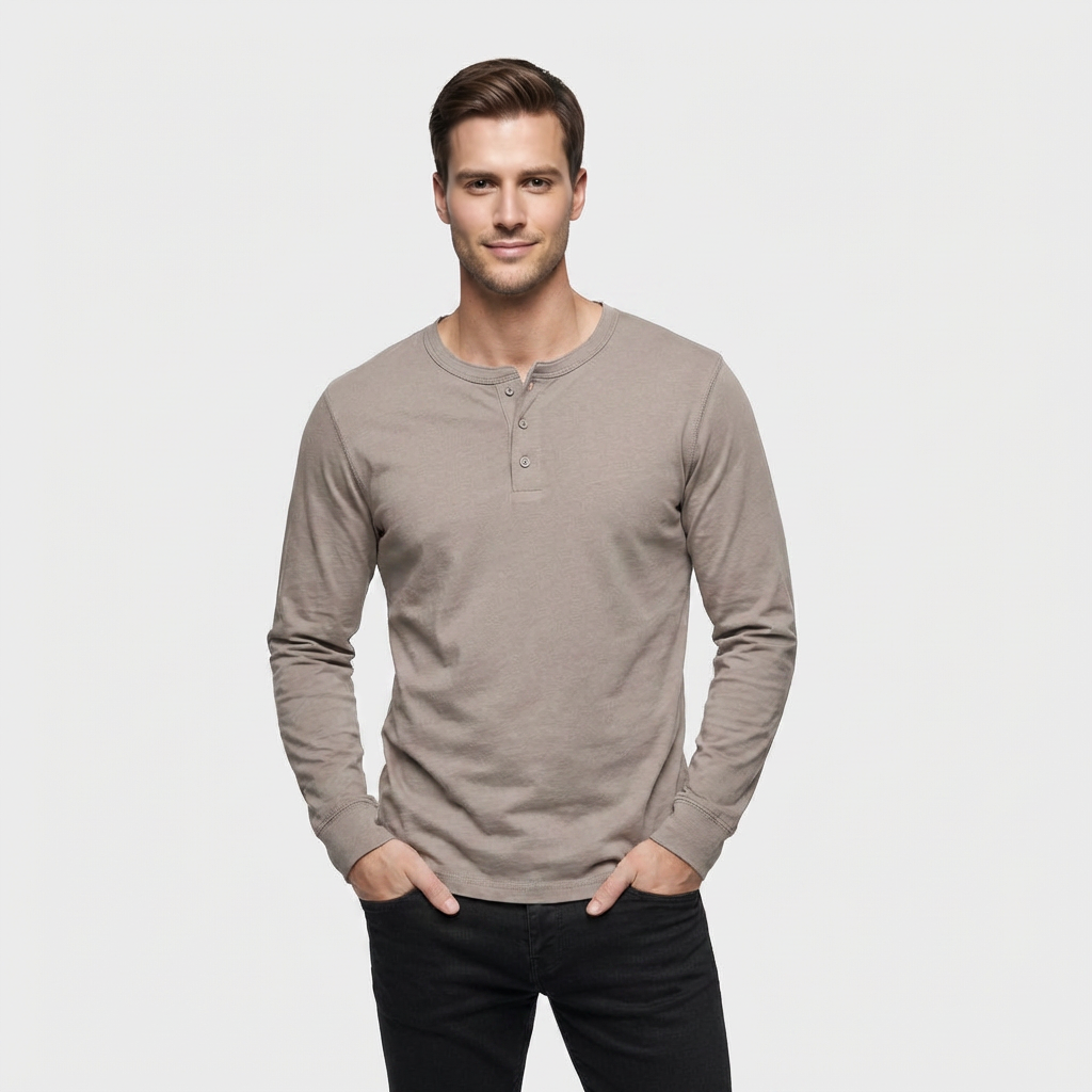 Chemise Henley Lin Manches Longues Patte Boutonnée pour Homme