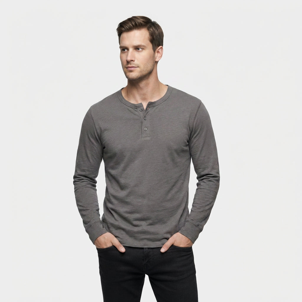 Chemise Henley Lin Manches Longues Patte Boutonnée pour Homme