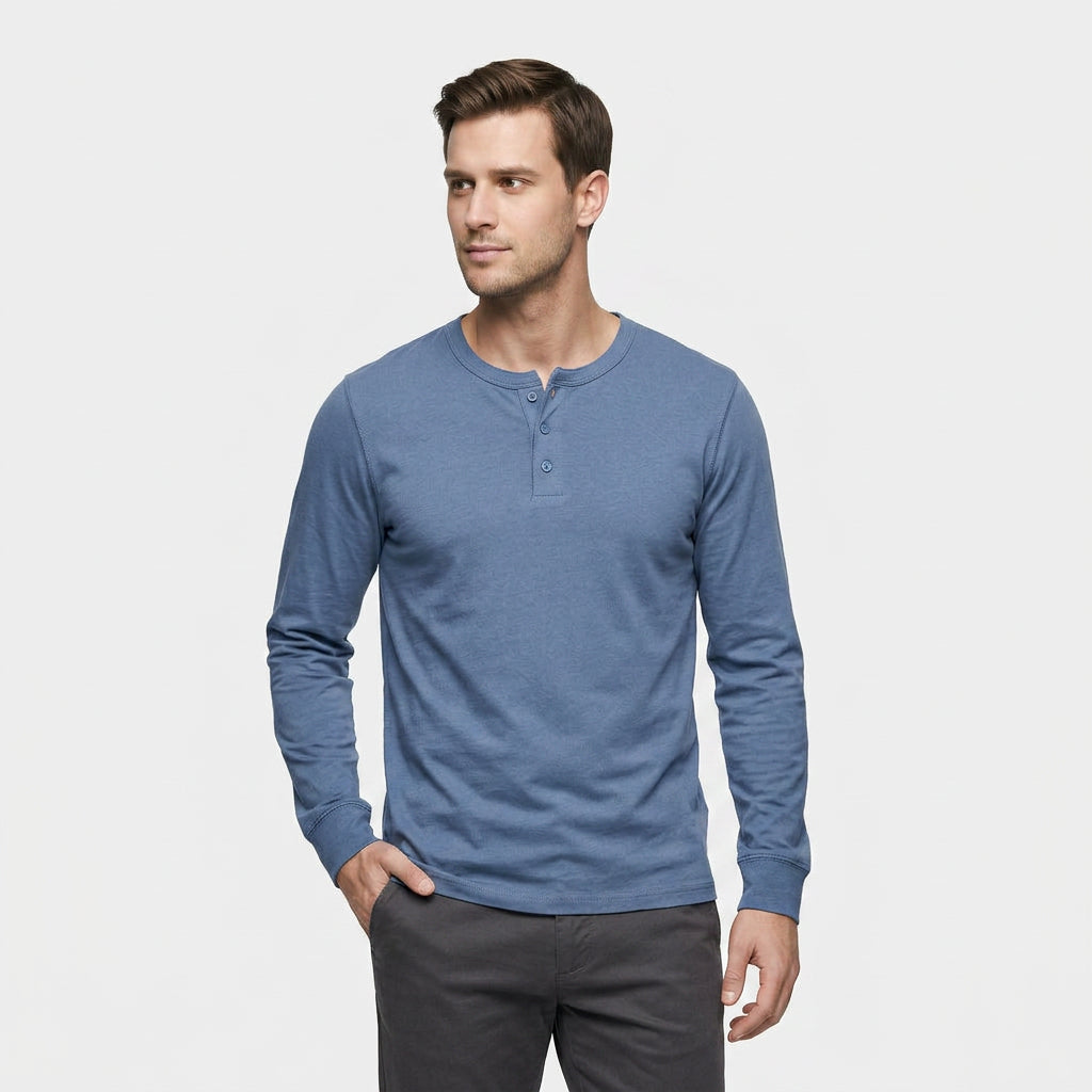 Chemise Henley Lin Manches Longues Patte Boutonnée pour Homme