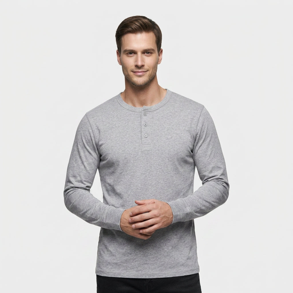 Chemise Henley Lin Manches Longues Patte Boutonnée pour Homme
