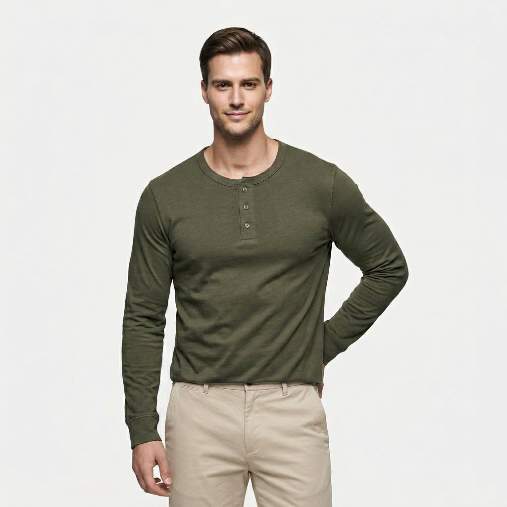 Chemise Henley Lin Manches Longues Patte Boutonnée pour Homme