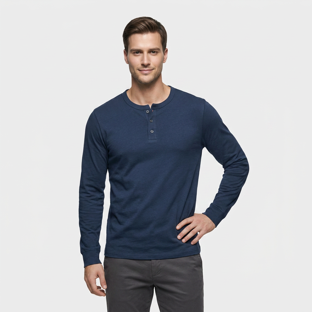Chemise Henley Lin Manches Longues Patte Boutonnée pour Homme