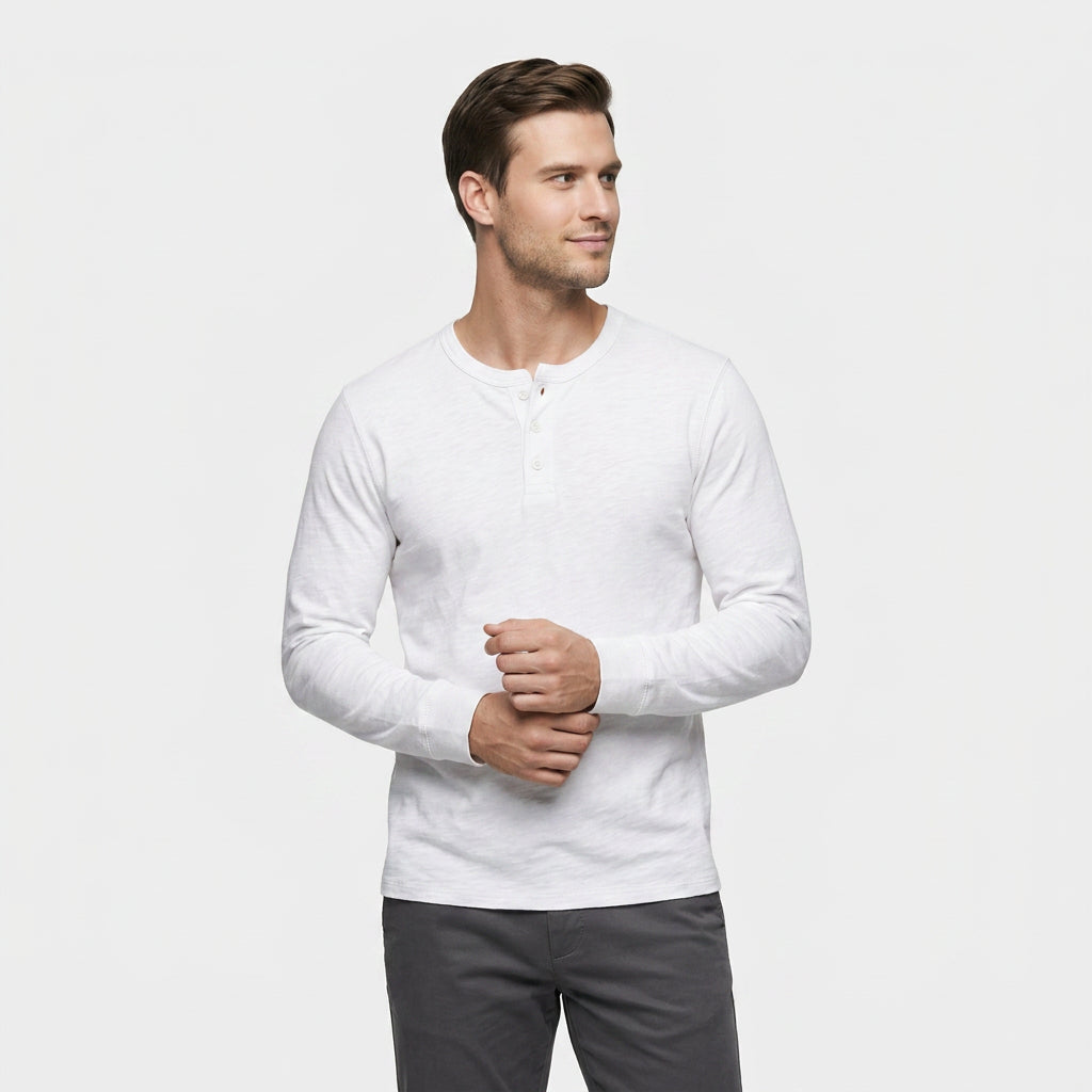 Chemise Henley Lin Manches Longues Patte Boutonnée pour Homme