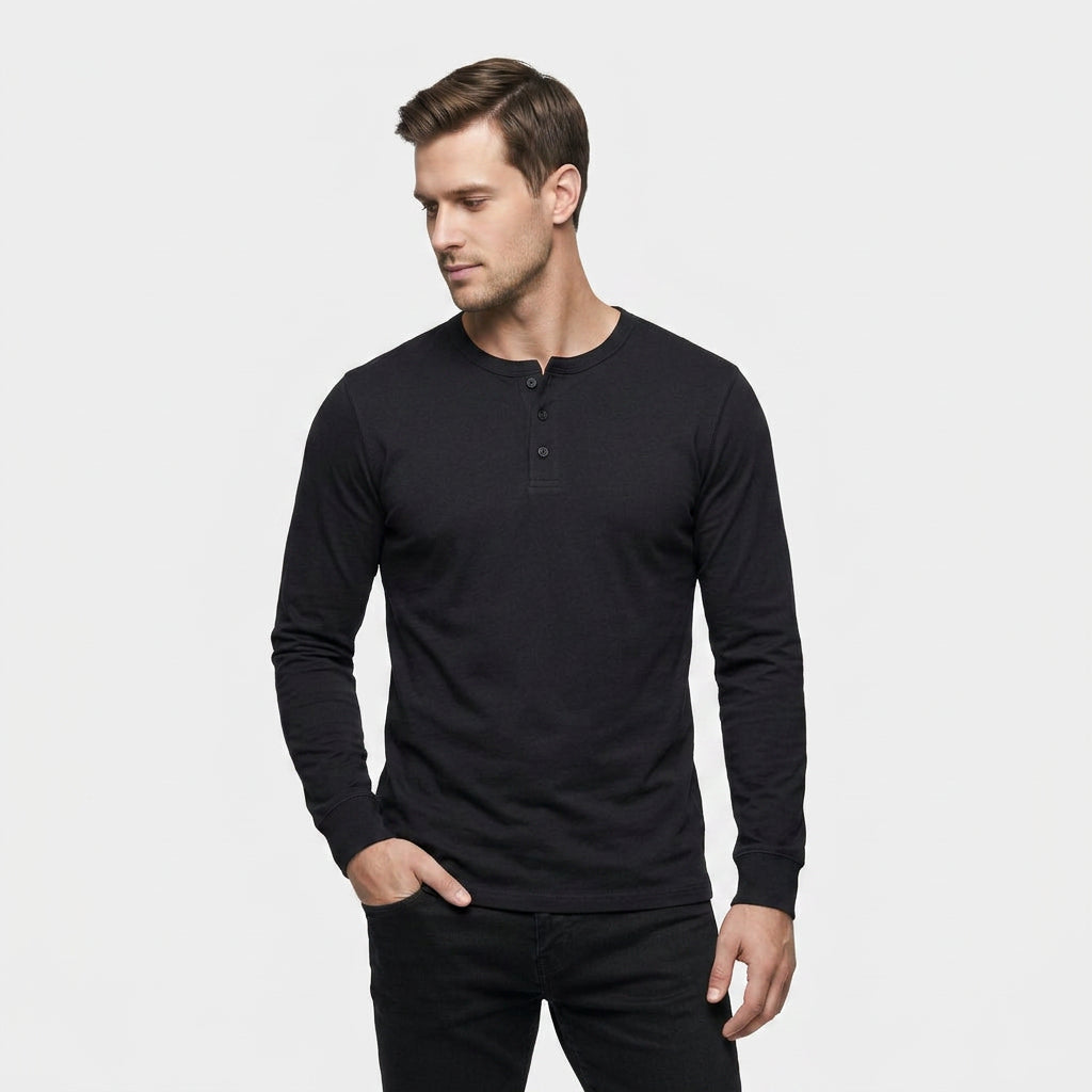 Chemise Henley Lin Manches Longues Patte Boutonnée pour Homme