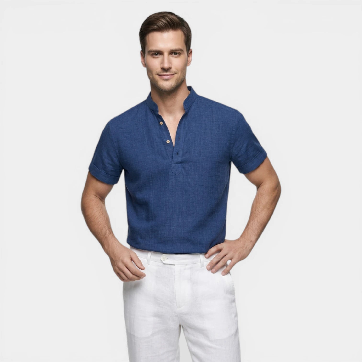 Men's Relaxed Fit Linen Henley Collar Shirt