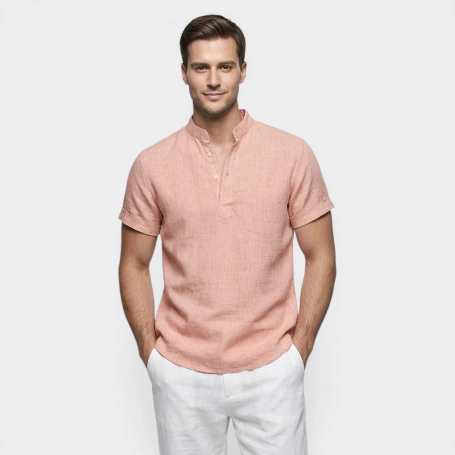 Men's Relaxed Fit Linen Henley Collar Shirt