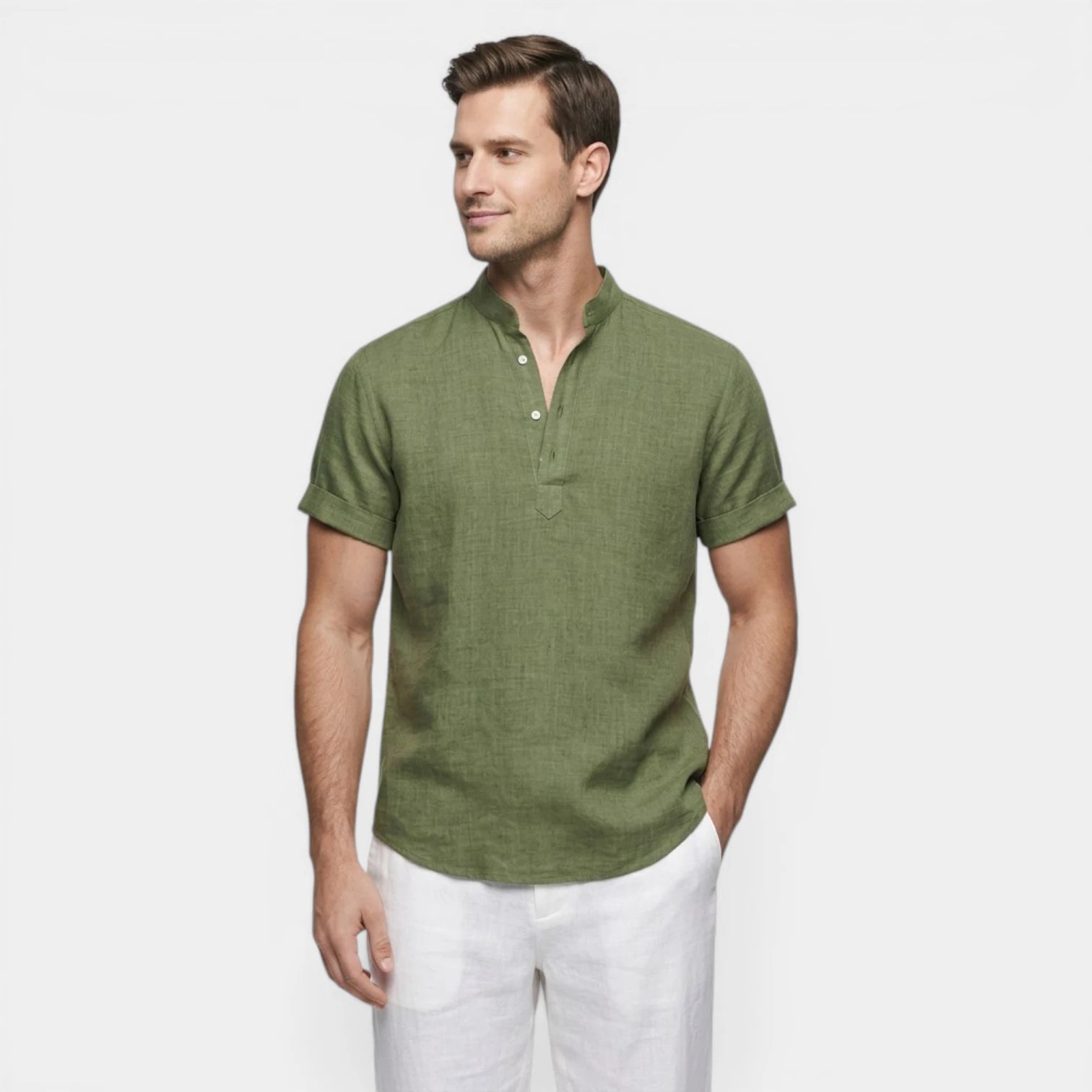 Men's Relaxed Fit Linen Henley Collar Shirt