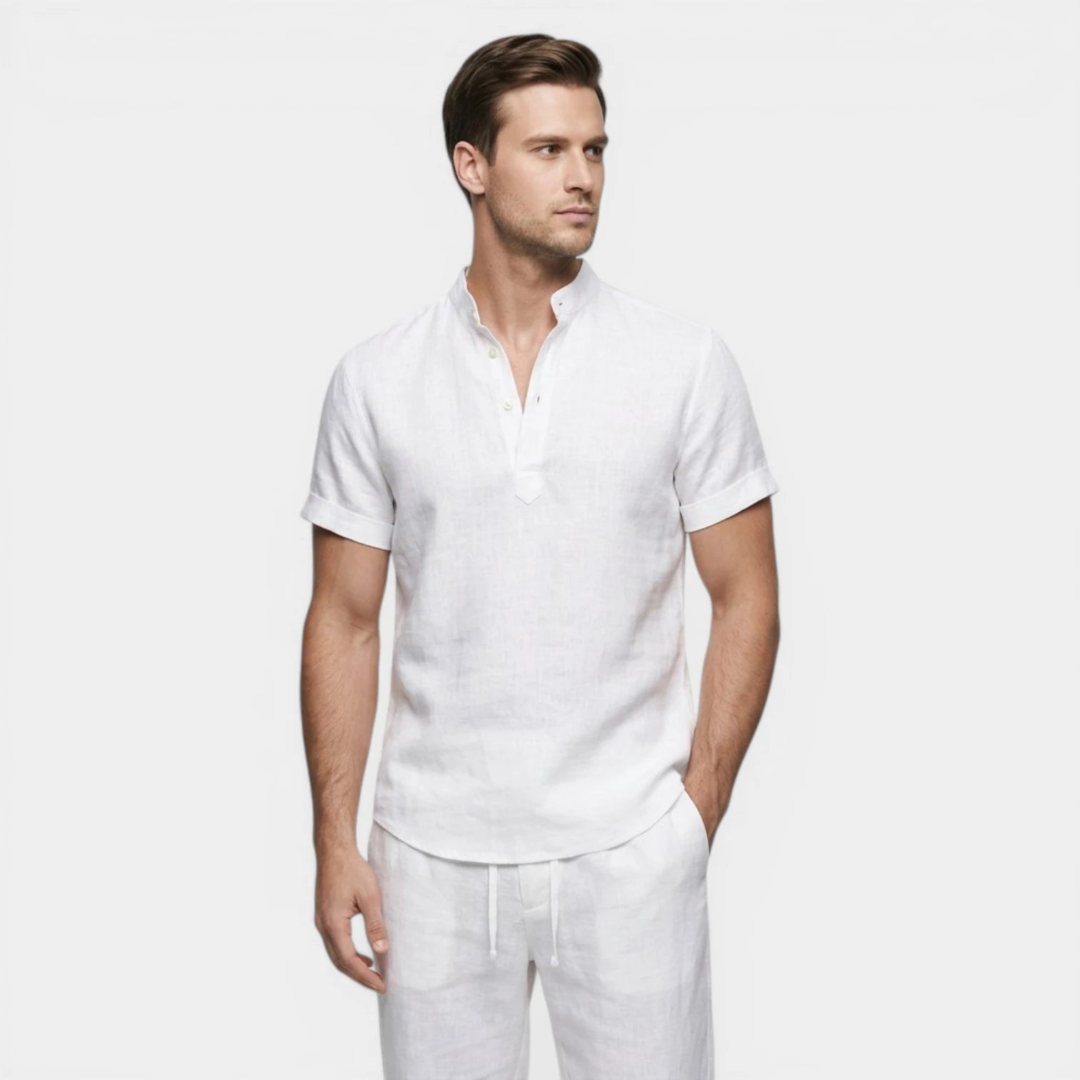Men's Relaxed Fit Linen Henley Collar Shirt