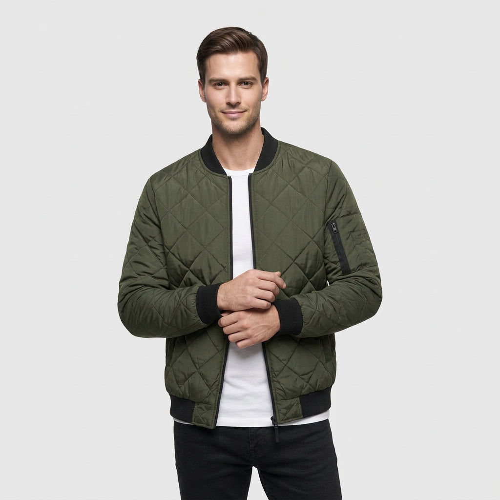 Men's Quilted Bomber Jacket with Zip Pockets