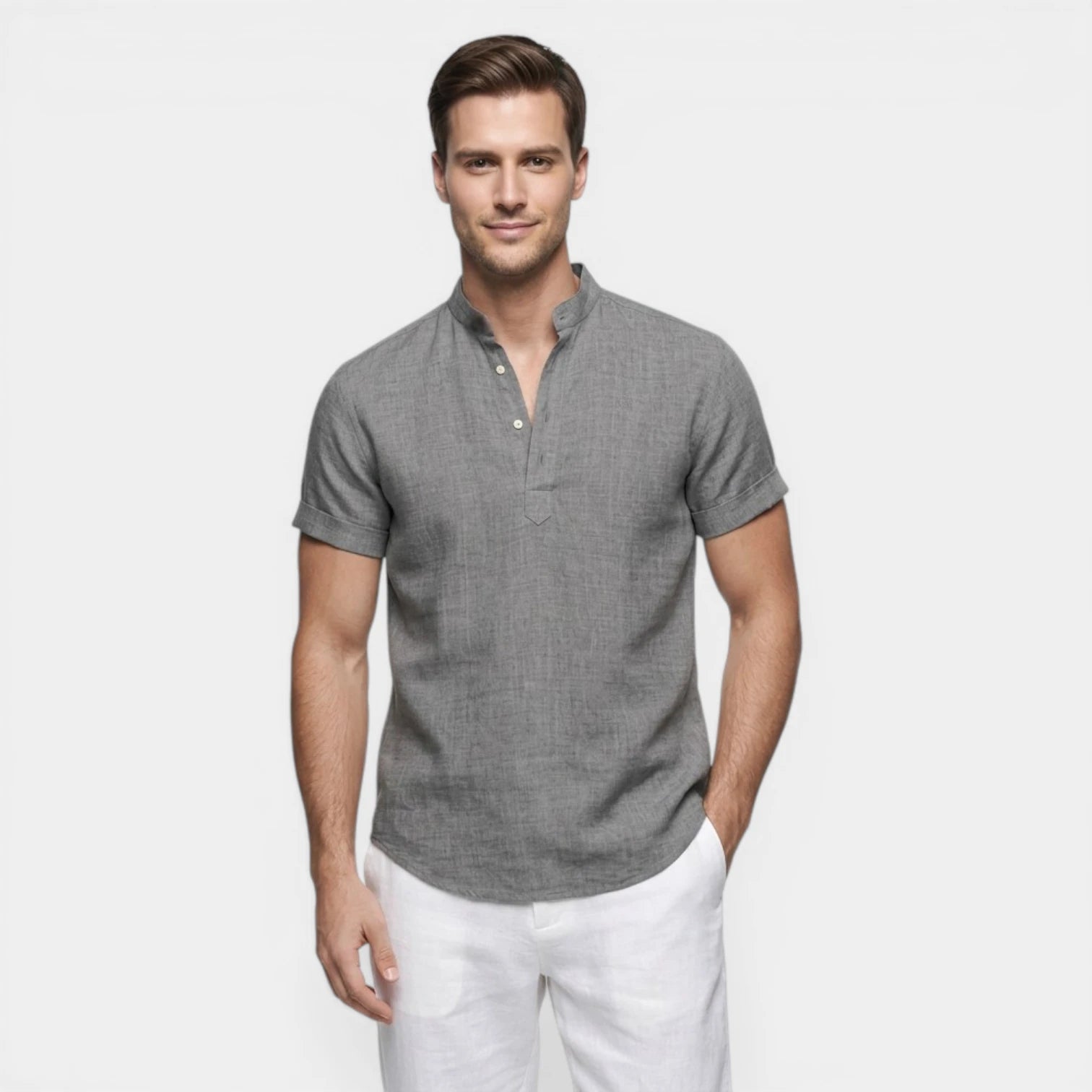 Men's Relaxed Fit Linen Henley Collar Shirt