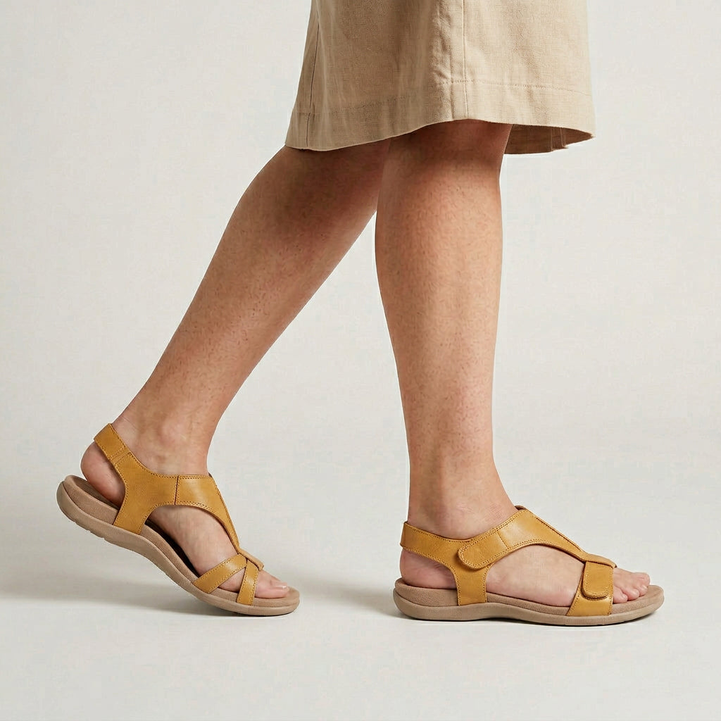 Sandales Plates à Bride en T Ajustable Semelle Rembourrée Fermeture Scratch pour Femme
