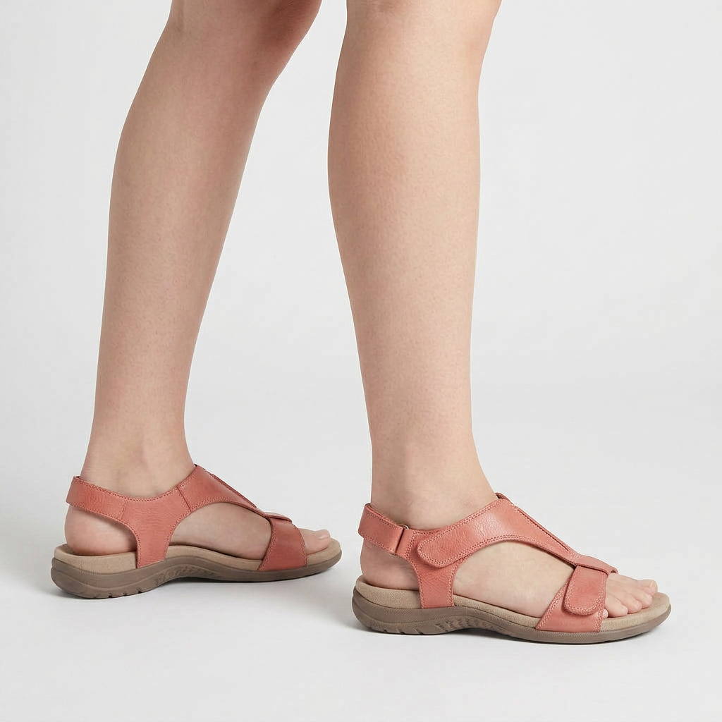 Women's Flat Sandals with Adjustable T-Strap Padded Footbed Hook and Loop Closure