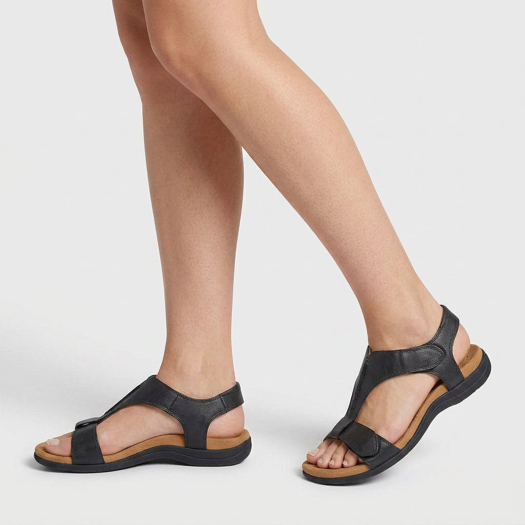 Sandales Plates à Bride en T Ajustable Semelle Rembourrée Fermeture Scratch pour Femme