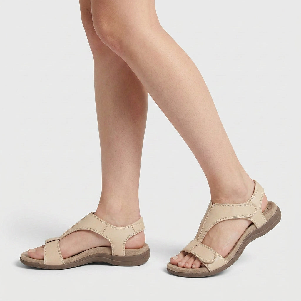Sandales Plates à Bride en T Ajustable Semelle Rembourrée Fermeture Scratch pour Femme