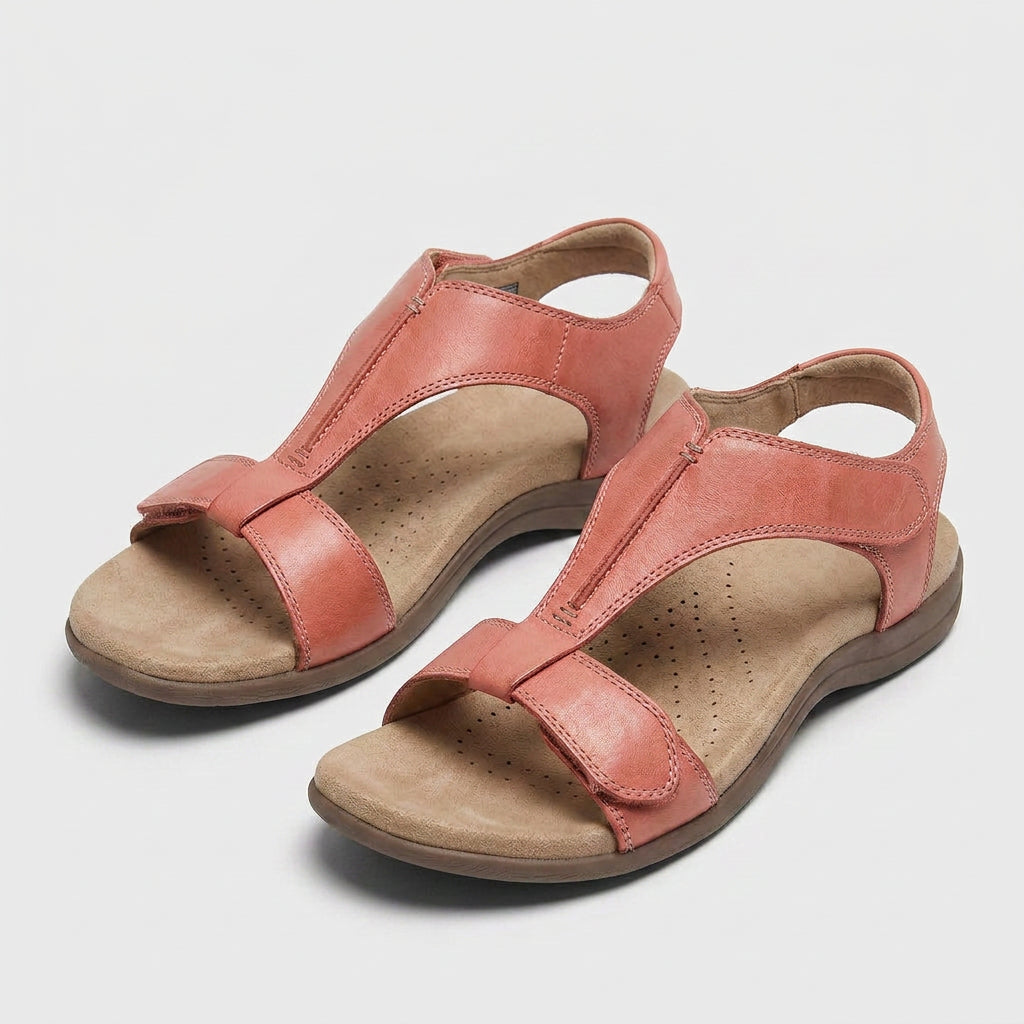 Sandales Plates à Bride en T Ajustable Semelle Rembourrée Fermeture Scratch pour Femme