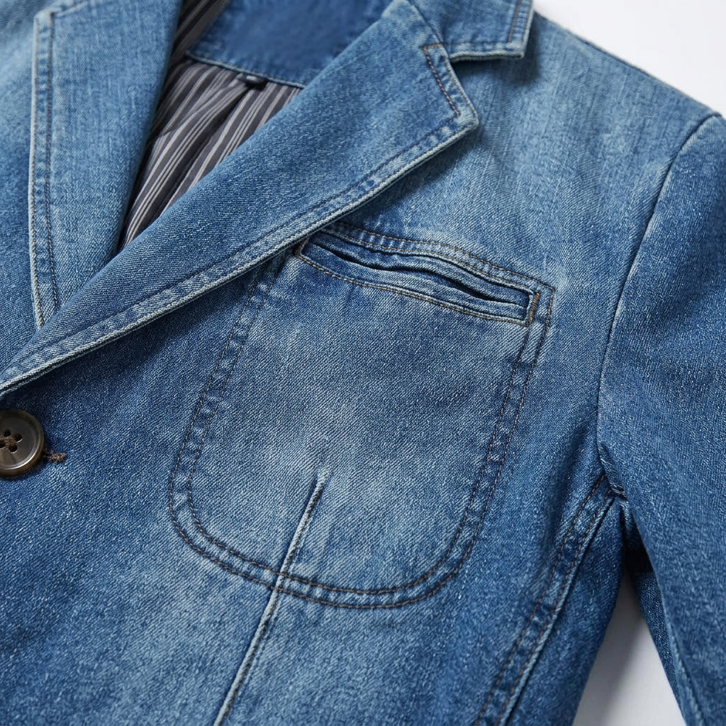 Blazer en Denim Stretch Coupe Structurée à Boutons pour Homme