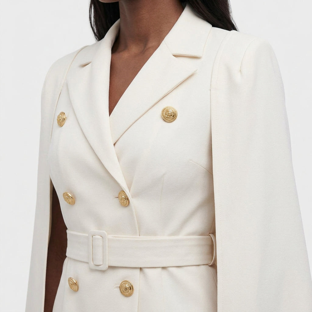 Robe Blazer Cape Ceinturée Boutons Dorés pour Femme