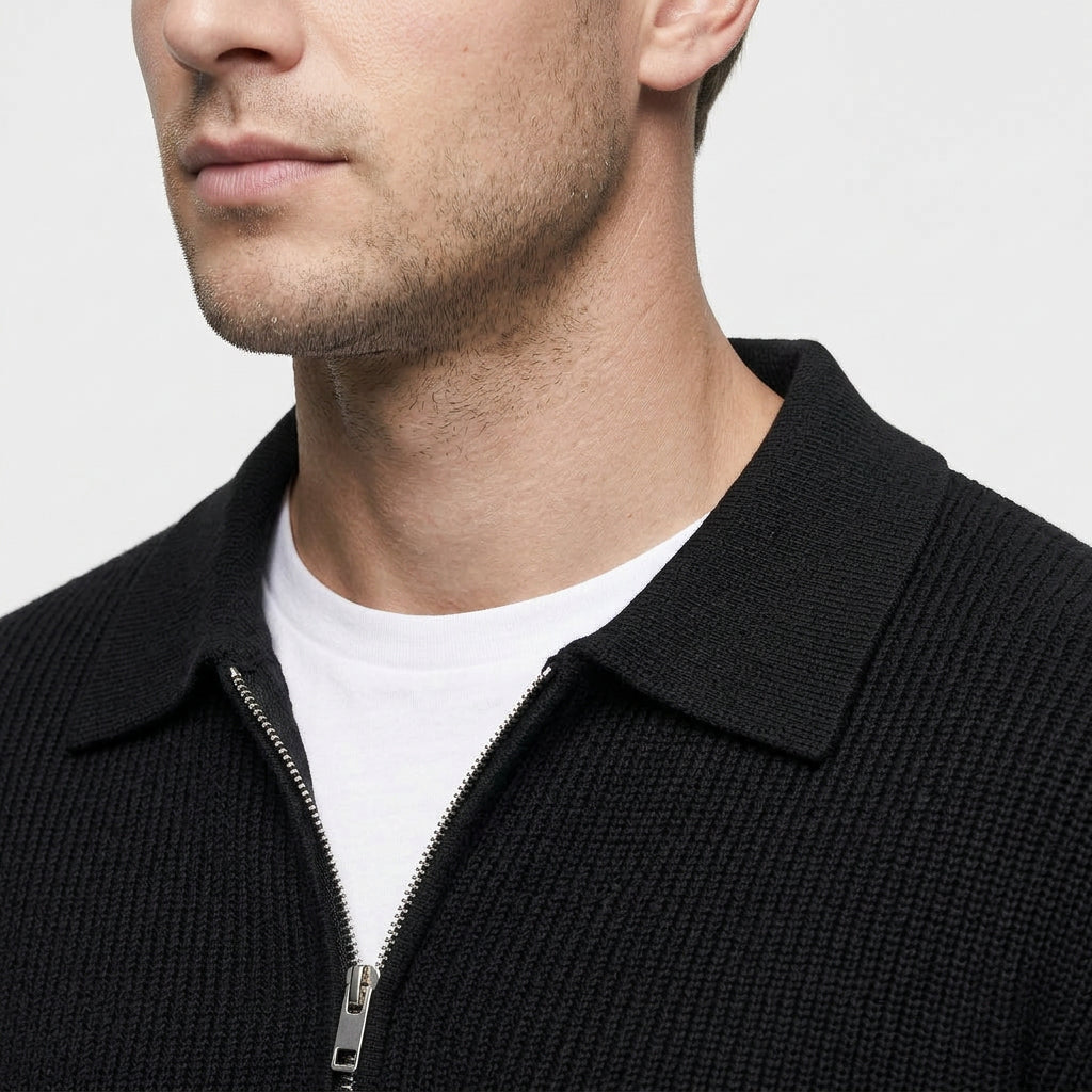 Pull Côtelé Col Polo Demi-Zip Coupe Décontractée pour Homme