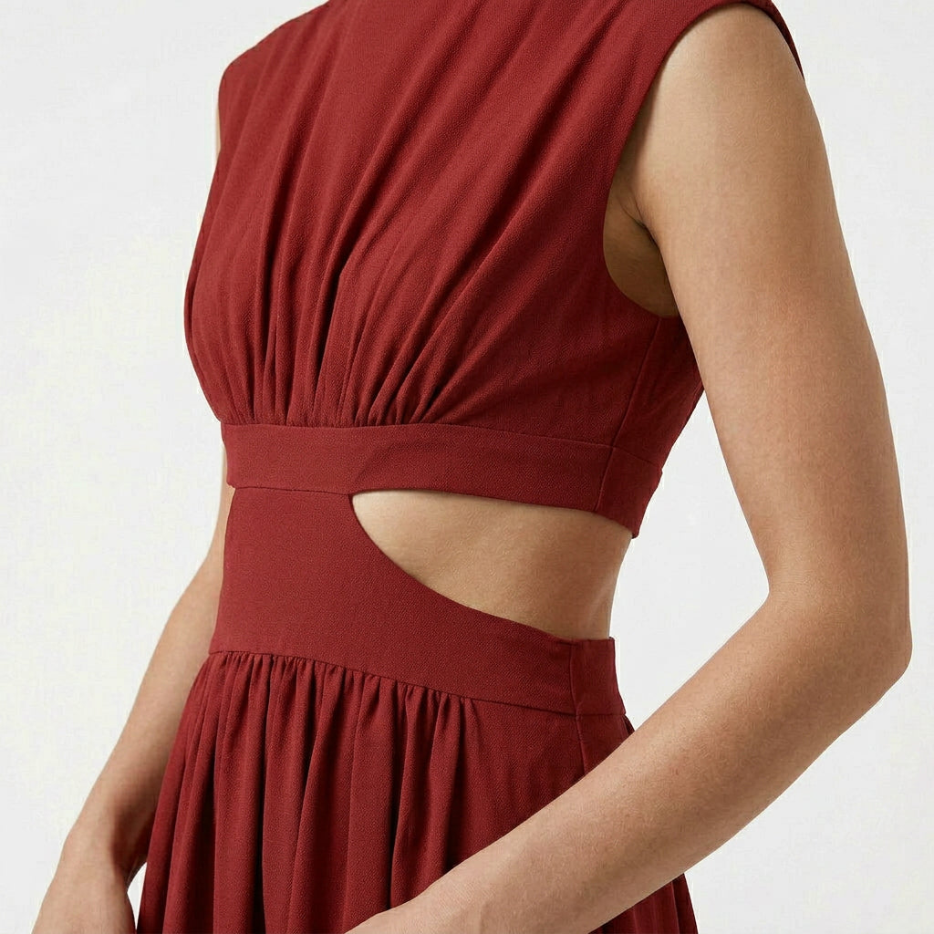 Robe Longue Élégante Manches Courtes Découpe Taille Dos Ouvert pour Femme