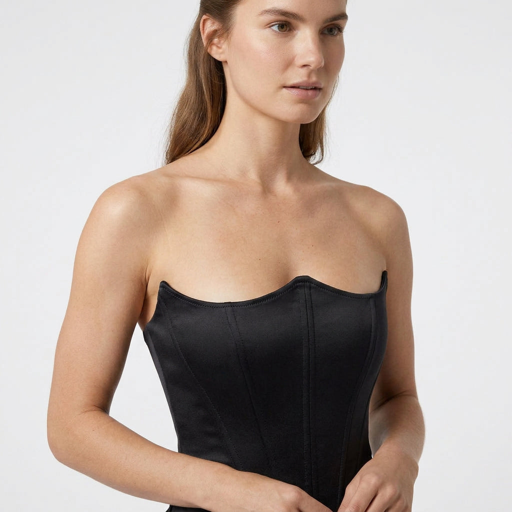 Robe Longue Fourreau en Velours Bustier Corseté sans Bretelles pour Femme