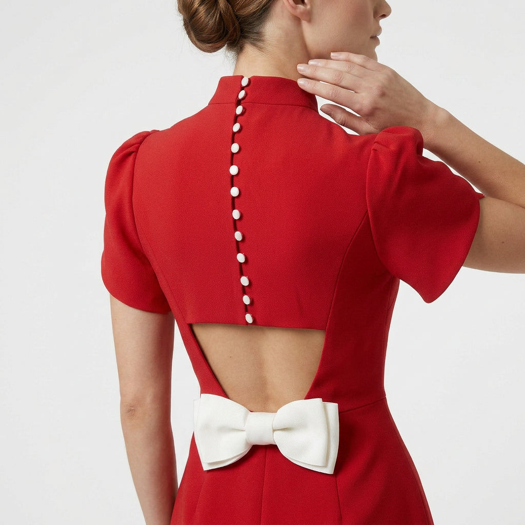 Robe Courte Évasée à Manches Bouffantes avec Nœud Taille Empire pour Femme
