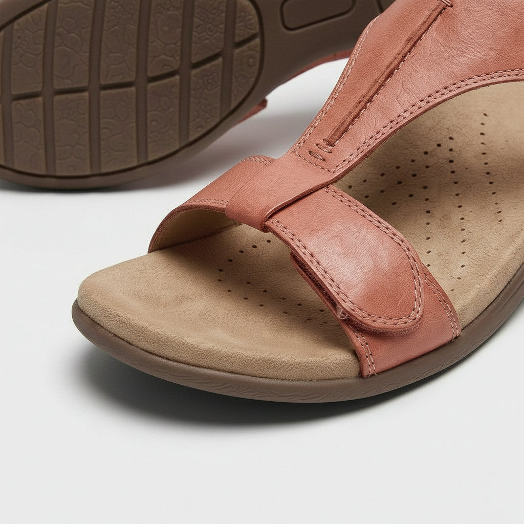 Sandales Plates à Bride en T Ajustable Semelle Rembourrée Fermeture Scratch pour Femme