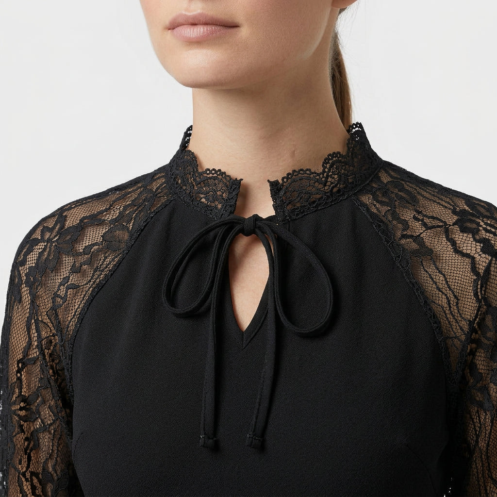 Robe Mini Élégante Manches Dentelle Col Rond pour Femme