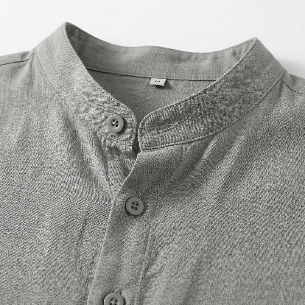 Chemise Lin Mélangé Col Mao Manches Courtes pour Homme