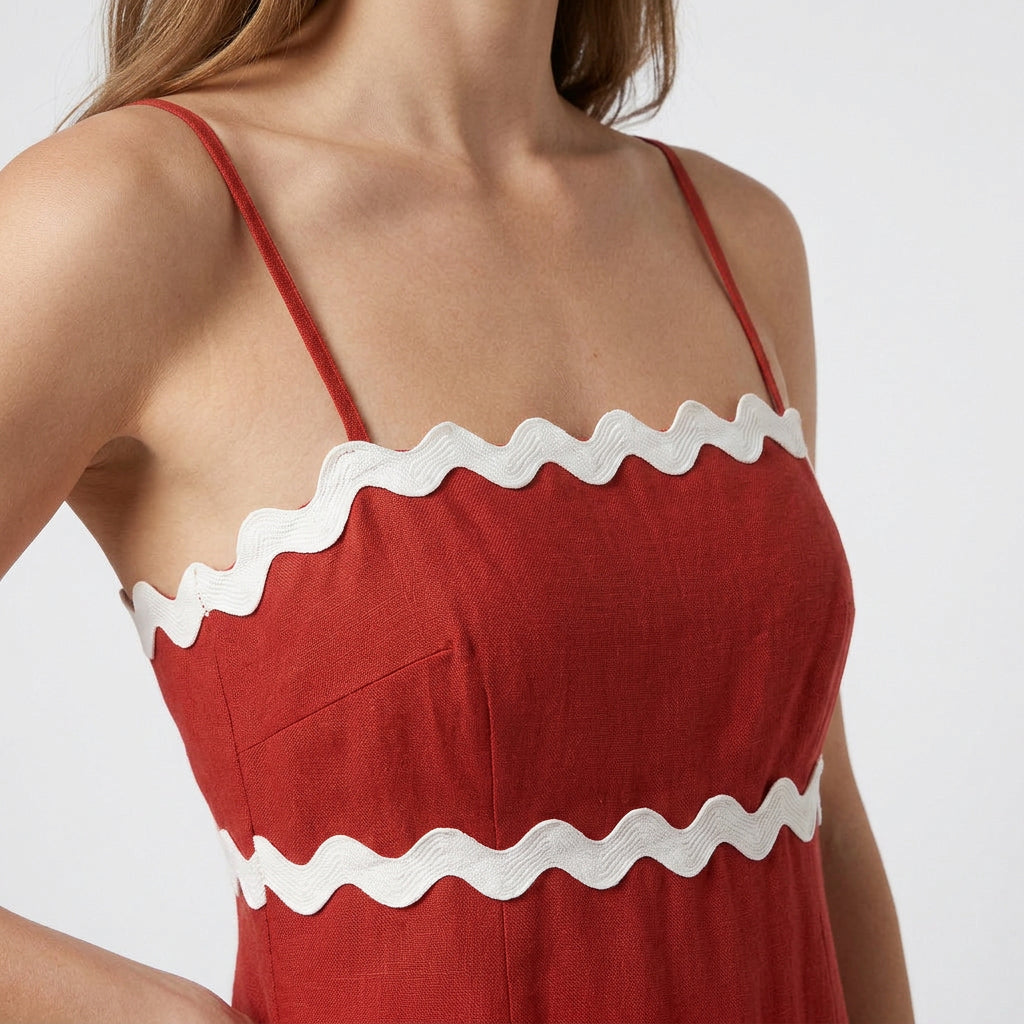 Robe Maxi Asymétrique Coton Lin Finition Ric-Rac pour Femme