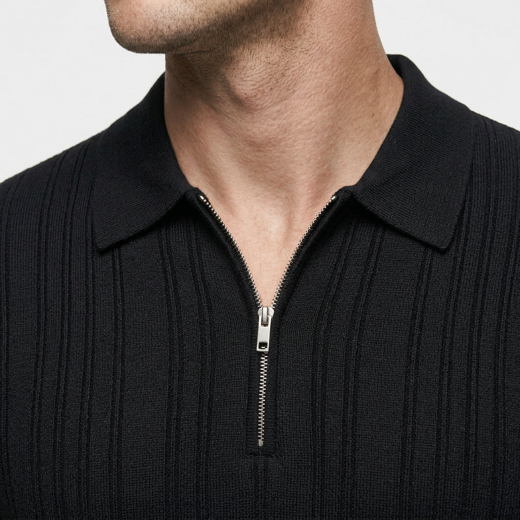 Polo Maille Fine Rayures Verticales Col Zippé pour Homme