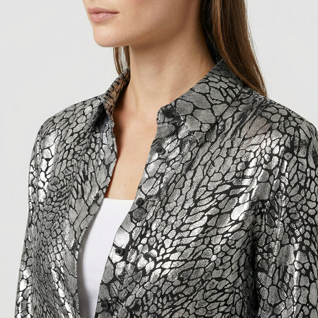 Blouse Satin Imprimé Serpent Col Classique pour Femme
