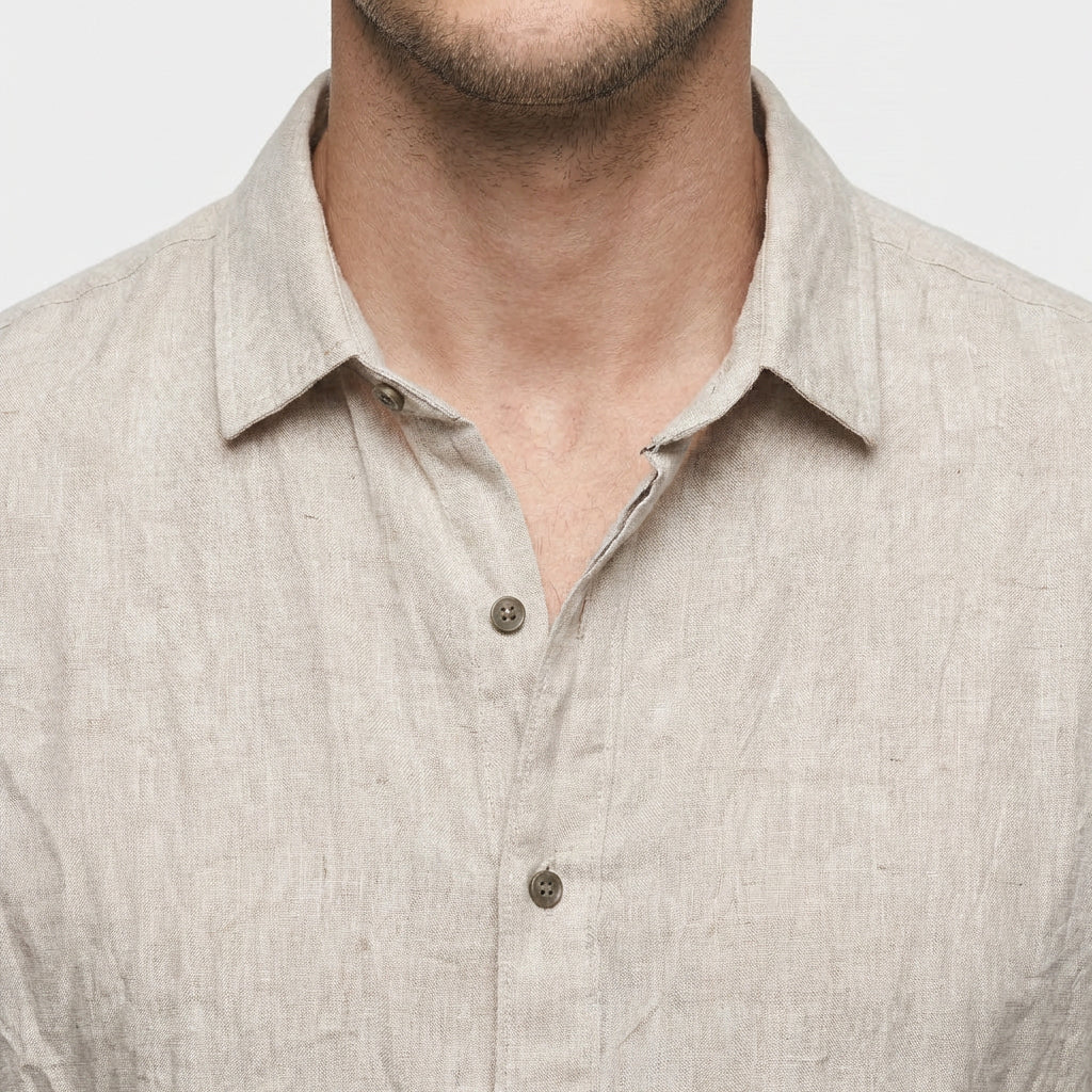 Chemise Lin Manches Courtes Col Décontracté pour Homme