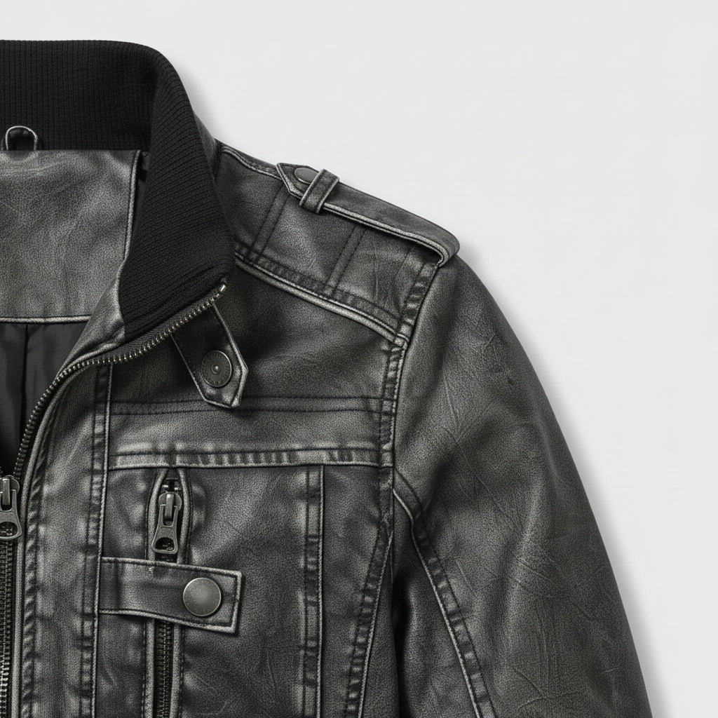 Veste Cuir Col Montant Poche Zippée pour Homme
