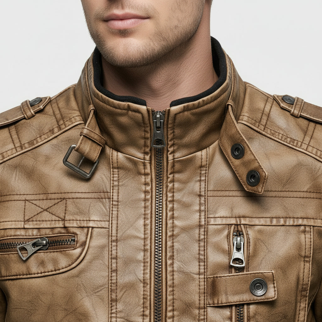Veste Cuir Col Montant Poche Zippée pour Homme