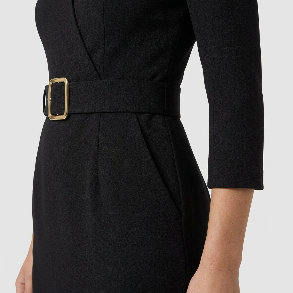 Robe Fourreau Midi Manches Longues Ceinturée pour Femme