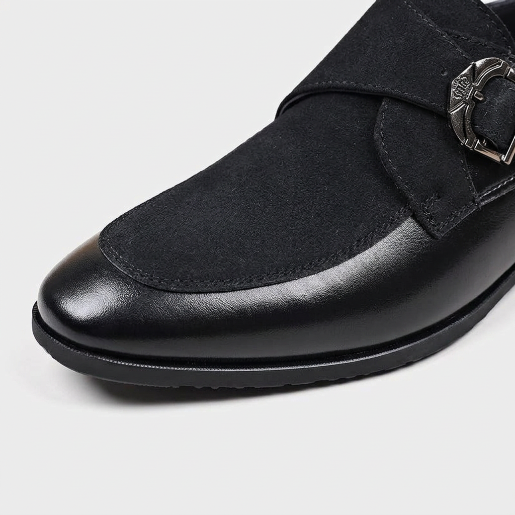 Men's Textured Leather Pointed Toe Monk Strap Derbies