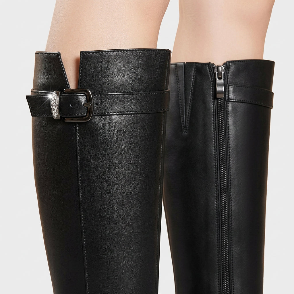 Bottes Cavalières Cuir Détail Métal Tige Haute pour Femme