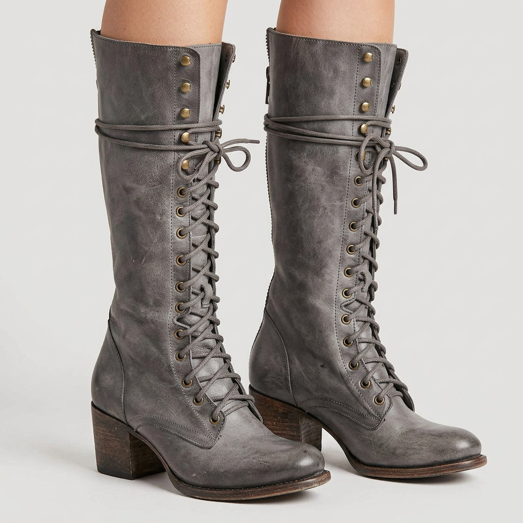 Bottes Hautes Lacées Talon Bloc pour Femme