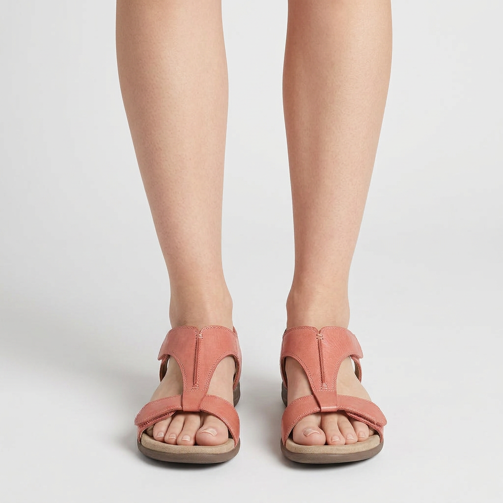 Women's Flat Sandals with Adjustable T-Strap Padded Footbed Hook and Loop Closure