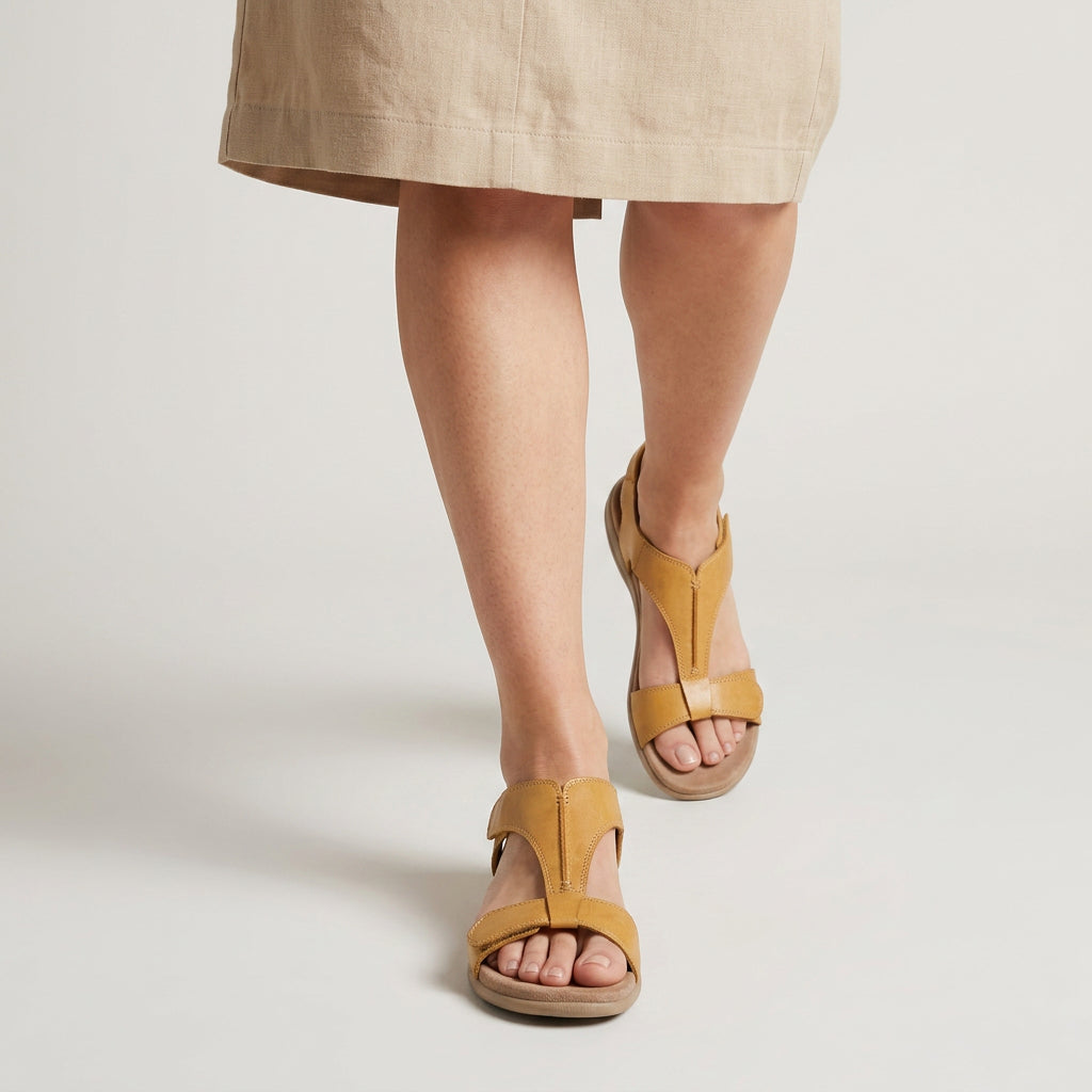 Sandales Plates à Bride en T Ajustable Semelle Rembourrée Fermeture Scratch pour Femme
