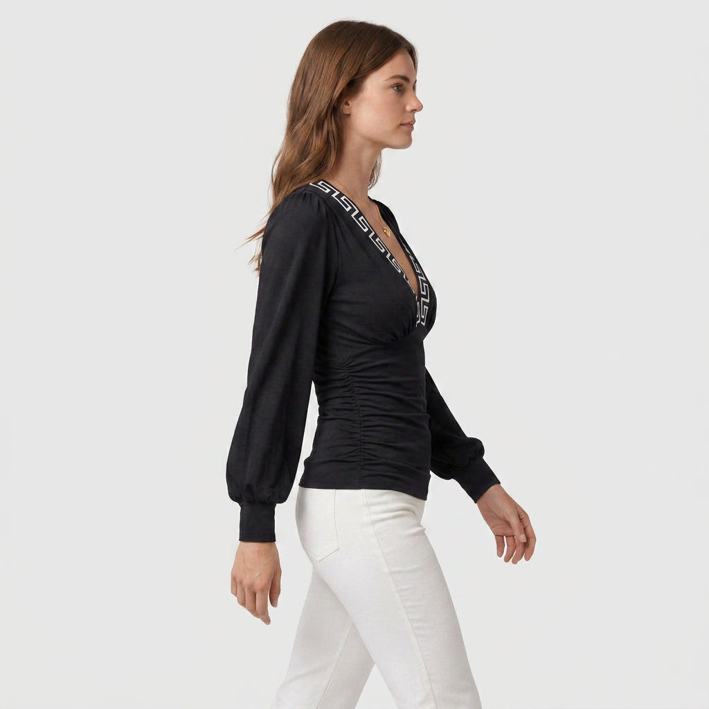 Blouse Col V Profond Taille Froncée pour Femme