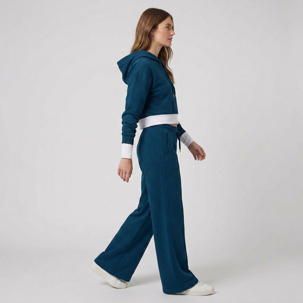 Ensemble Deux Pièces Sweat Capuche Bicolore Pantalon Large pour Femme